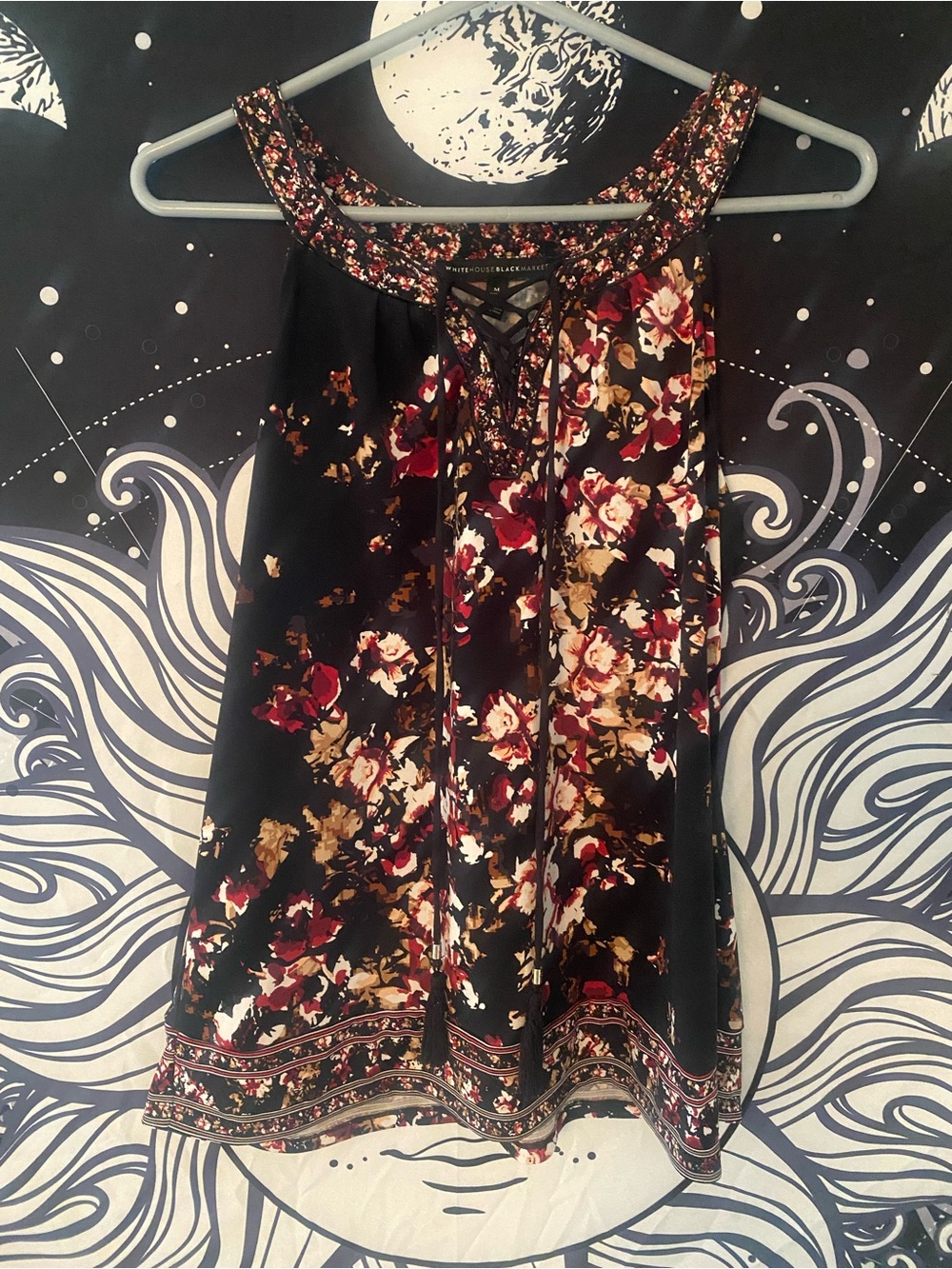 WHBM Black Floral Lace Up V-Neck Tank Top